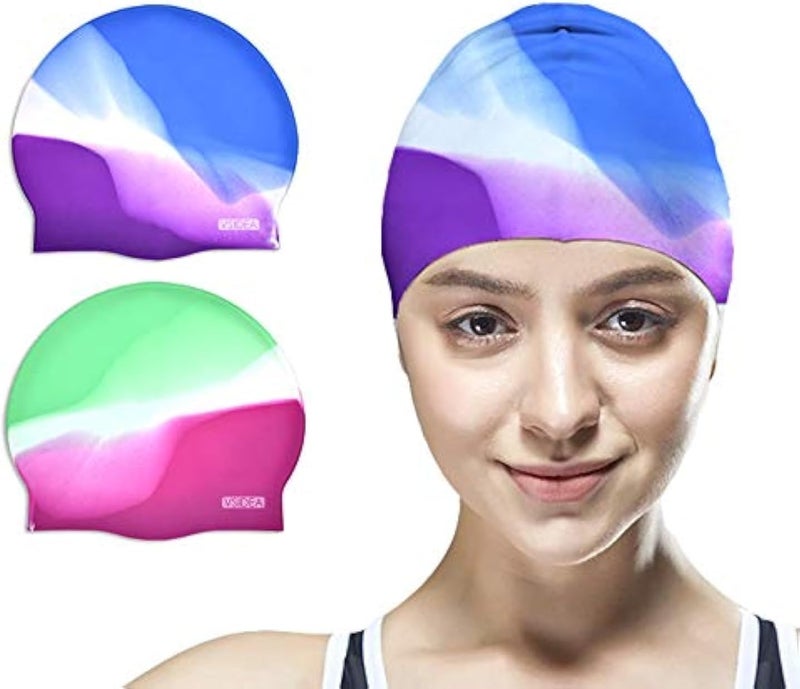 vsidea Silicone Swim Caps, 2 Pack Durable Comfortable Adult Swimming Cap Elastomeric for Women Man Short Hair Long Hair - Image 1